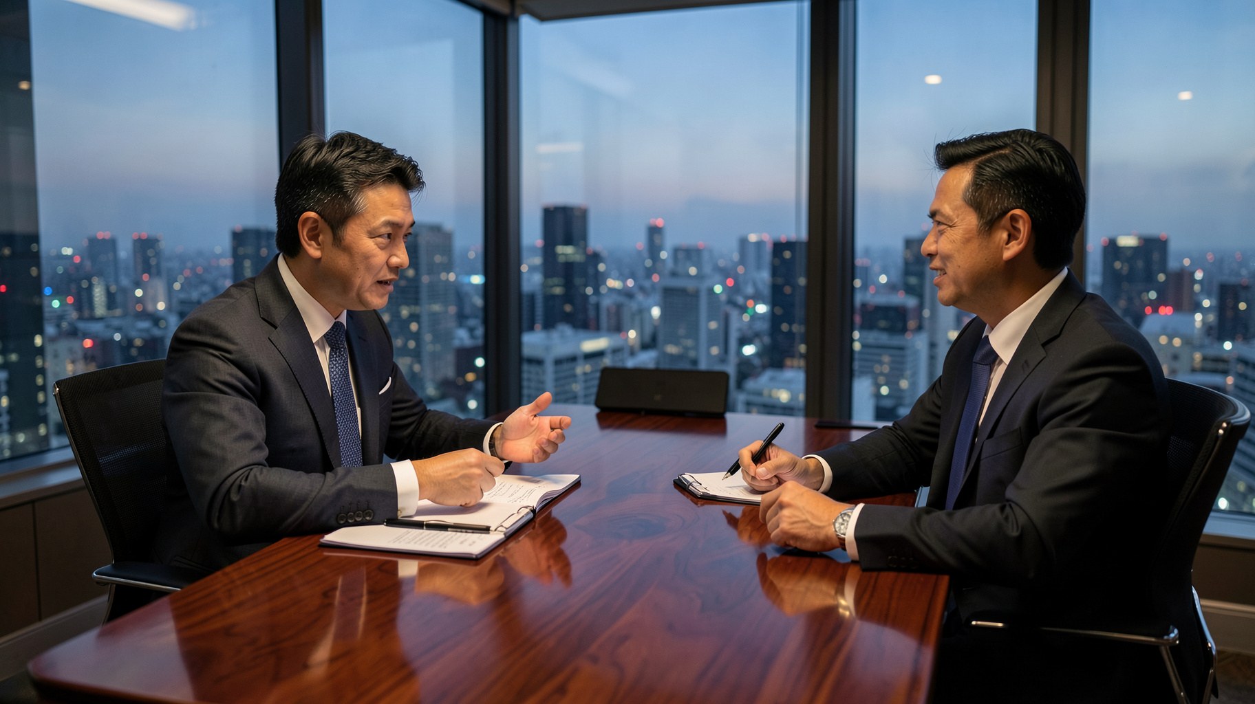 会議室でキャリアについて面談するビジネスパーソンとアドバイザーの様子（AXIS Agent（アクシスエージェント））