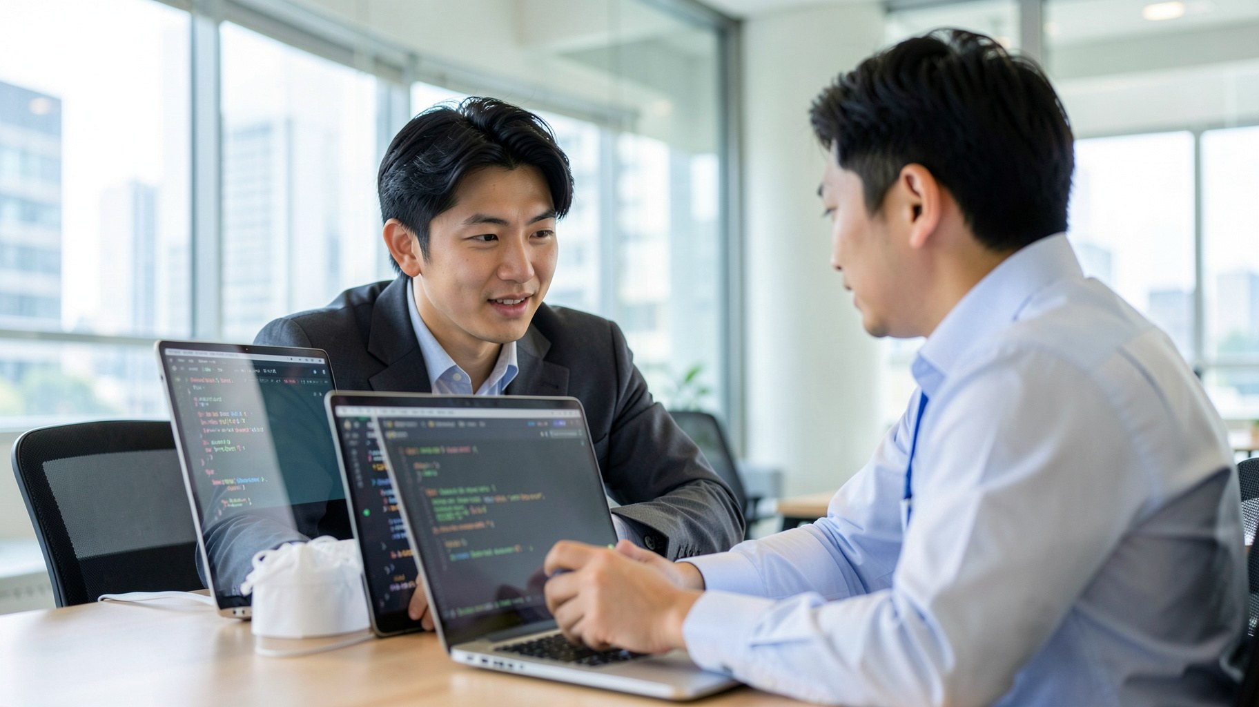 ノートパソコンのコードを見ながらエンジニア出身のコンサルタントとキャリア相談をする様子（TechClipsエージェント）